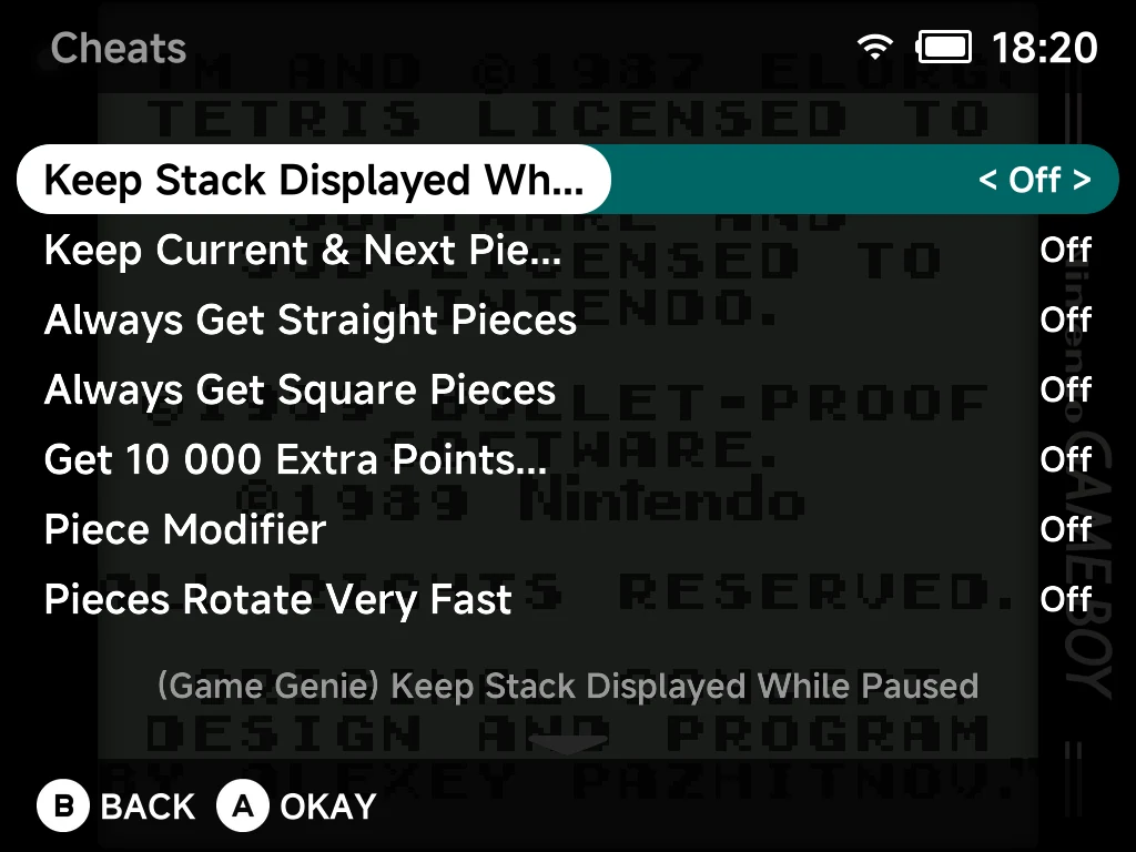 Cheats menu in a game