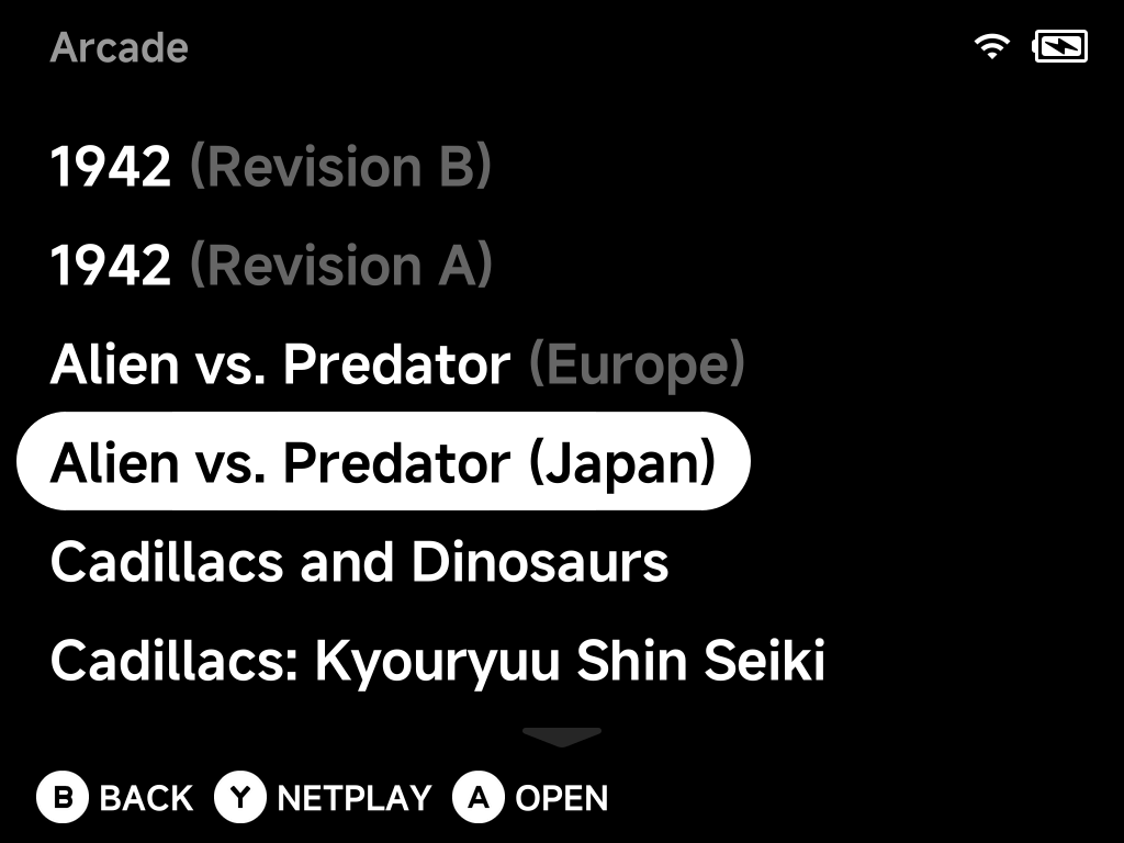 Arcade game list with two versions of Alien vs. Predator and of 1942
