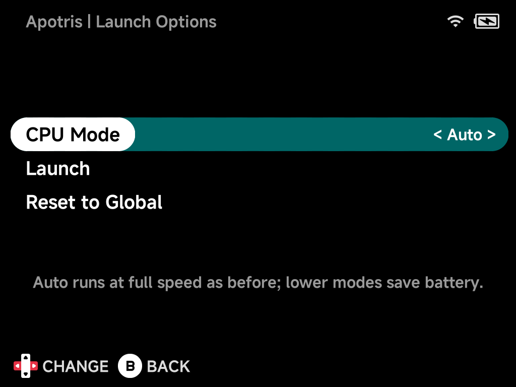 Launch Options for Apotris on the Brick: CPU Mode, Launch, Reset to Global