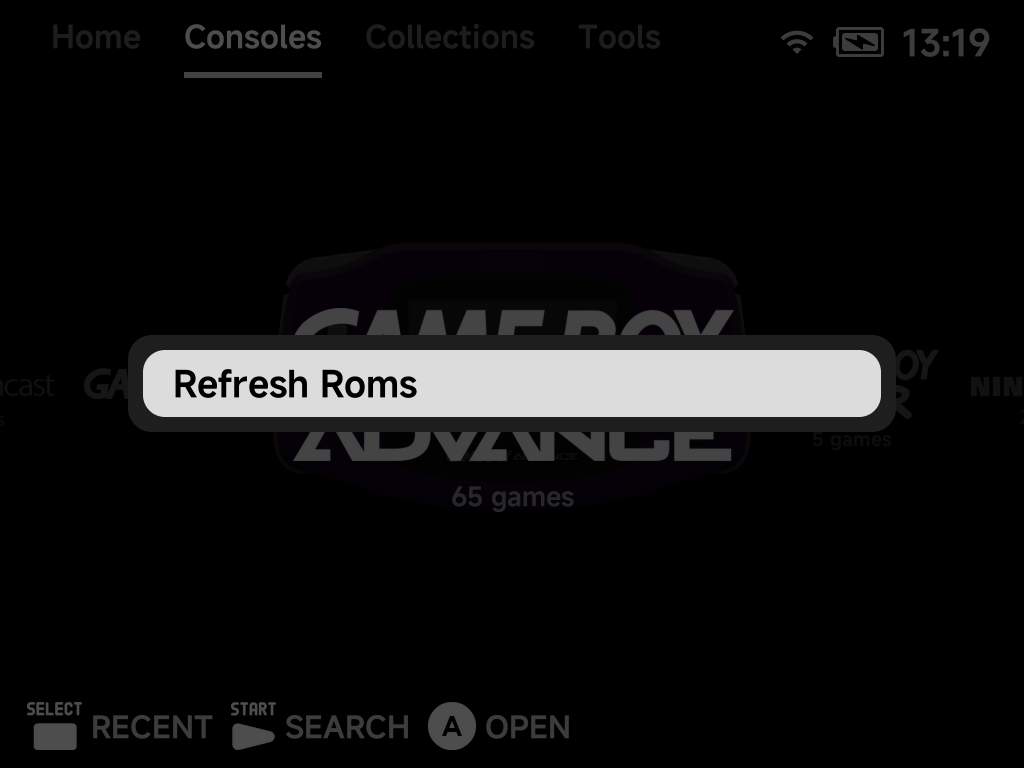 Consoles tab context menu with Refresh Roms