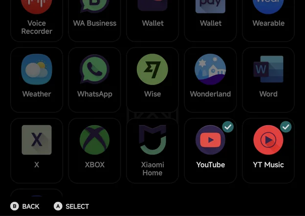 The Android apps picker, YouTube and YT Music ticked