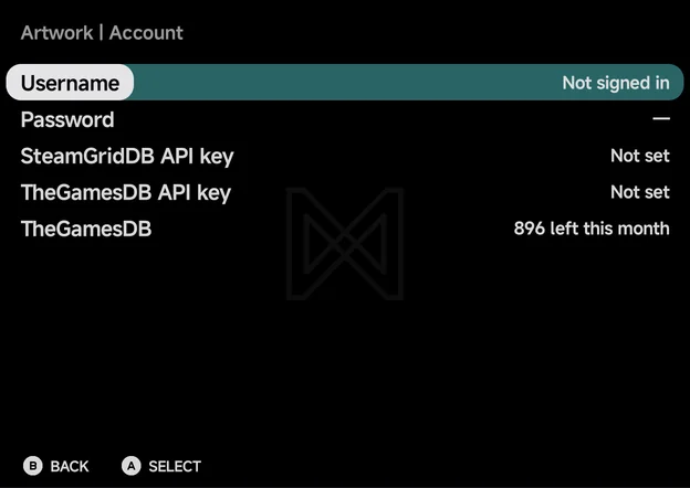 Artwork → Account: ScreenScraper not signed in, both keys Not set, and TheGamesDB's monthly requests