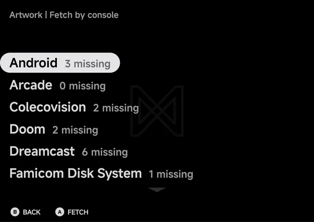 Artwork → Fetch by console, listing each console with its missing count