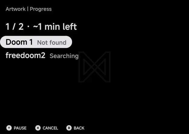 Artwork → Progress during a two-game fetch: one Not found, one Searching