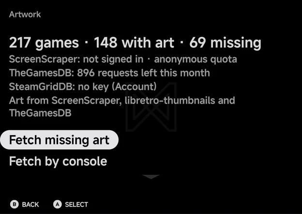 Tools → Artwork, with the counts, one line per source and the credit line