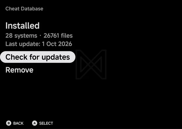 Tools → Cheat Database, installed: 28 systems, the file count and the last update
