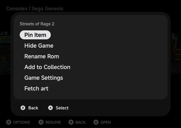 Game context menu