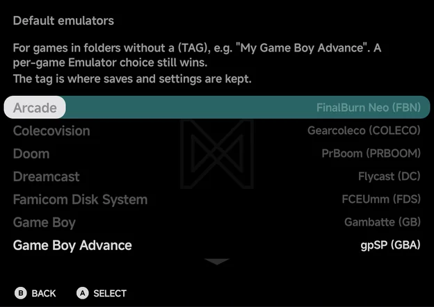 Default emulators: one row per console, with Game Boy Advance the only one shown here that can change