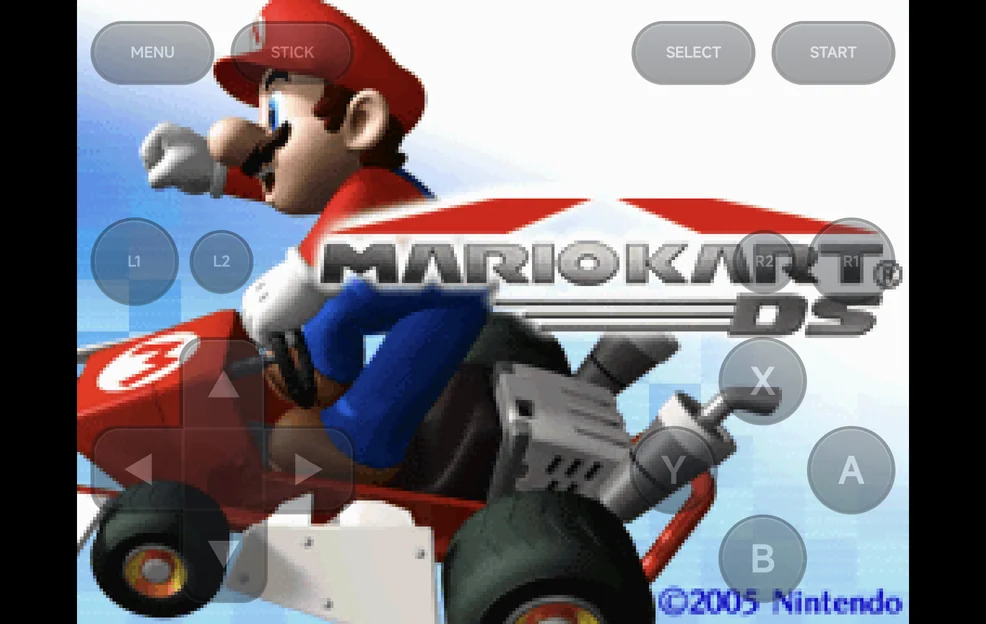 A DS title screen in landscape with the on-screen pad at 40% opacity over it