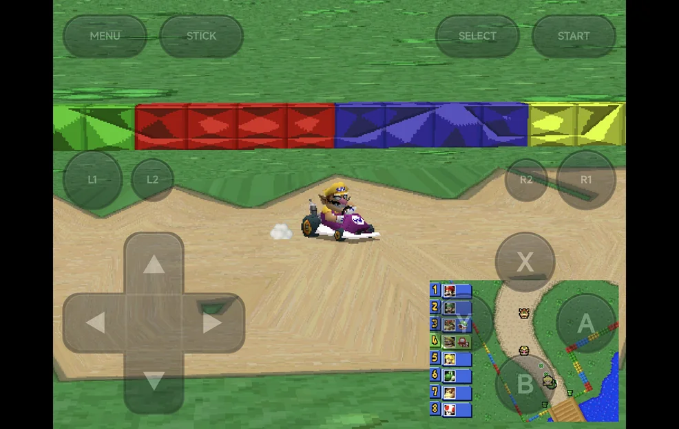 A DS game in landscape, Picture in picture: the bottom screen small in the bottom-right corner