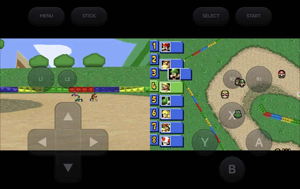 A DS game in landscape, Side by side: the two screens next to each other, with the on-screen pad over them