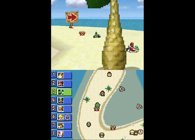 A DS game in portrait, Stacked: the top screen above the bottom screen