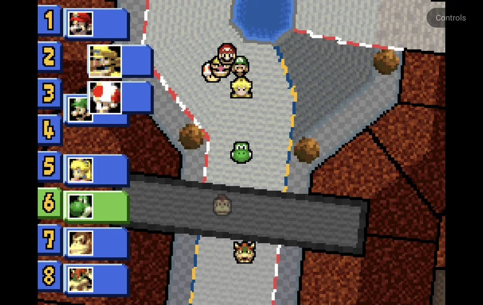 Touch mode in landscape: the bottom screen big, the pad hidden and a Controls button in the top-right corner