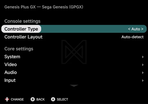 Genesis Plus GX for Sega Genesis: Console settings, then Core settings with its groups