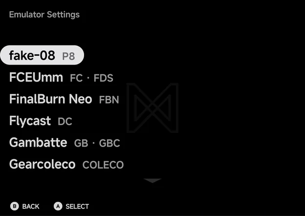 Emulator Settings, listing each emulator with its tags