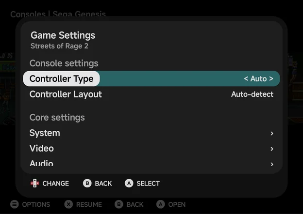 Game Settings for Streets of Rage 2, over the Sega Genesis game list