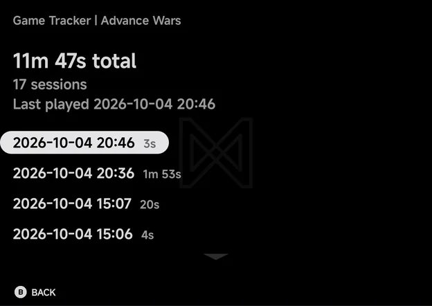 Game Tracker → Advance Wars: 11m 47s total, 17 sessions, then each session