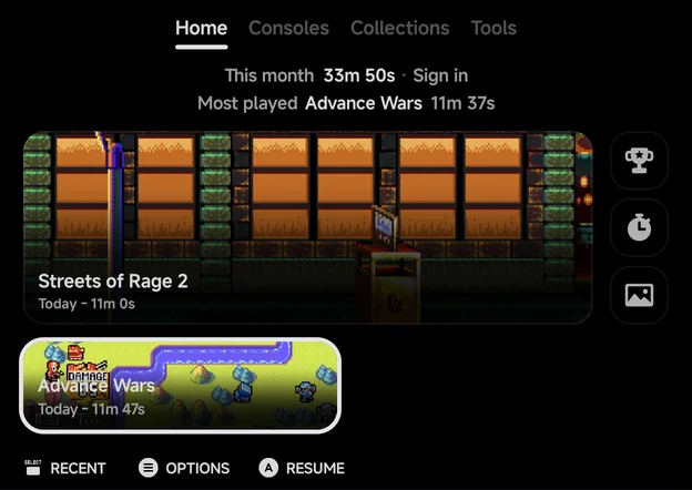 Home with a pinned game selected