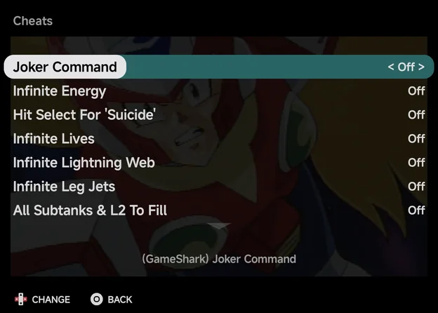 A merged cheat highlighted: the line under the list reads (GameShark) Joker Command