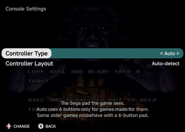 Console Settings of a Sega Genesis game