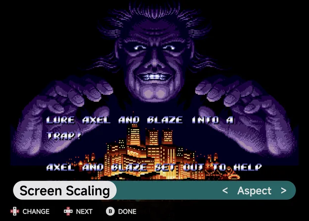 Adjust mode: Screen Scaling in a strip over the paused game