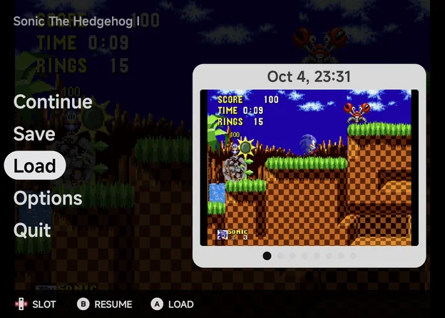 The in-game menu's first page, with the save slot preview