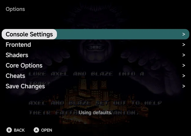 The Options page of a Sega Genesis game