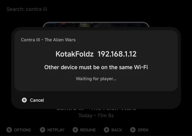 Hosting over Wi-Fi: the phone's name and IP address, “Other device must be on the same Wi-Fi” and “Waiting for player...”