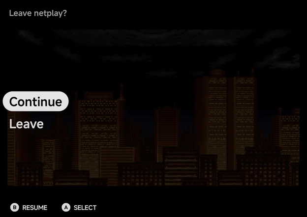The in-game menu during a match with the Brick Pro: Leave netplay? with Continue and Leave