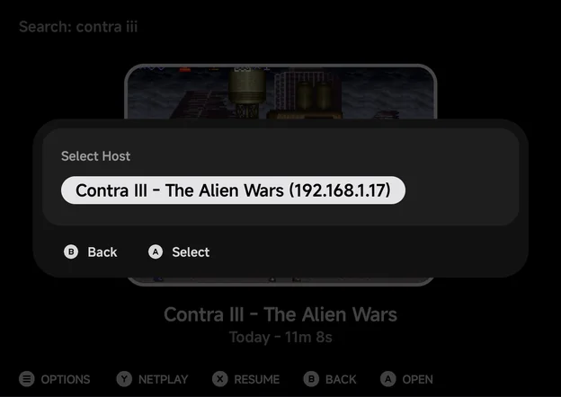Select Host on the Fold, listing a Brick Pro hosting Contra III - The Alien Wars at 192.168.1.17