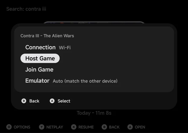The Netplay sheet for Contra III: Connection Wi-Fi, Host Game, Join Game and Emulator Auto (match the other device)