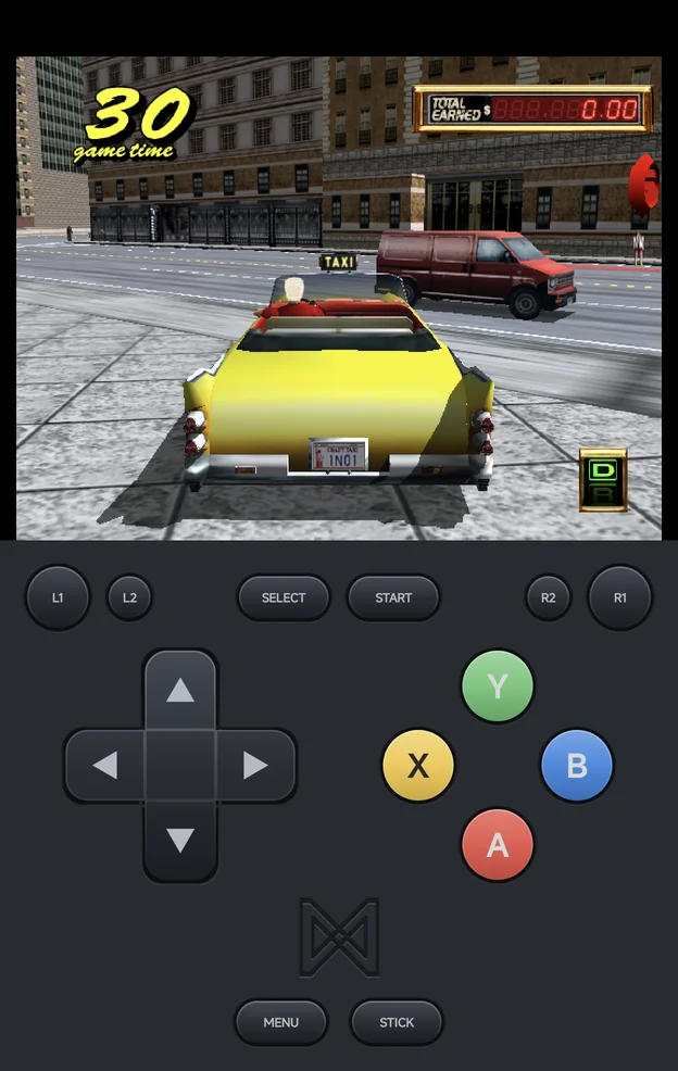 Crazy Taxi 2 on the Fold's cover screen, with the Dreamcast pad: A, B, X and Y in the Dreamcast's colours