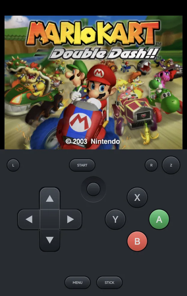 Mario Kart: Double Dash with the GameCube pad: L, R and Z on top, the C-stick, a green A and a red B