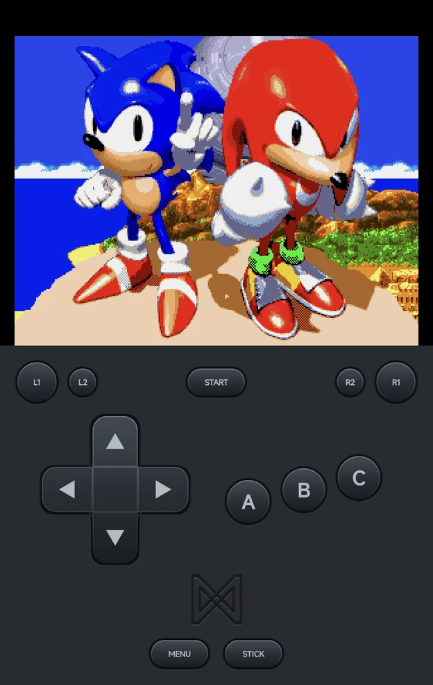 Sonic & Knuckles on the Fold's cover screen, with the Sega 3-button pad: A, B and C
