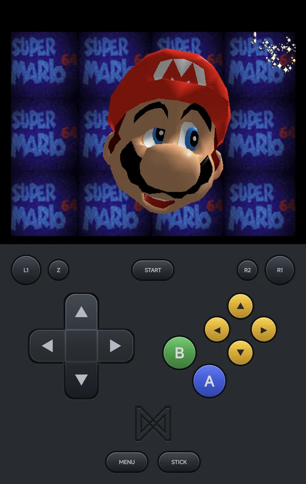Super Mario 64 on the Fold's cover screen, with the Nintendo 64 pad: A, B, the yellow C buttons and Z
