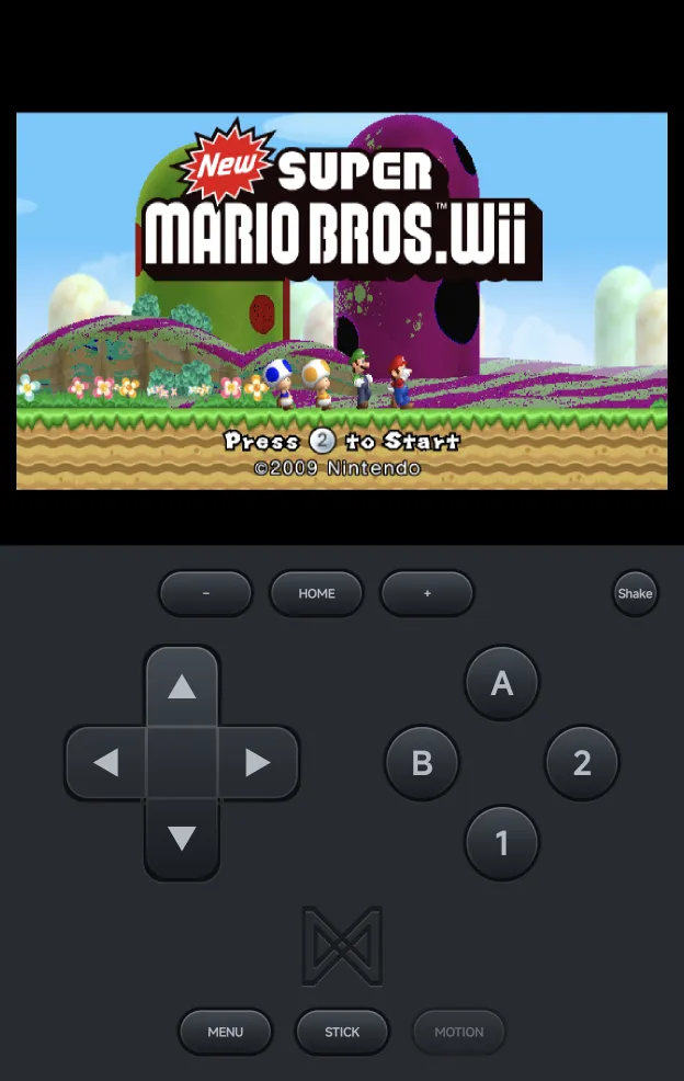 New Super Mario Bros. Wii with the sideways Wiimote pad: −, HOME, +, Shake, A, B, 1 and 2