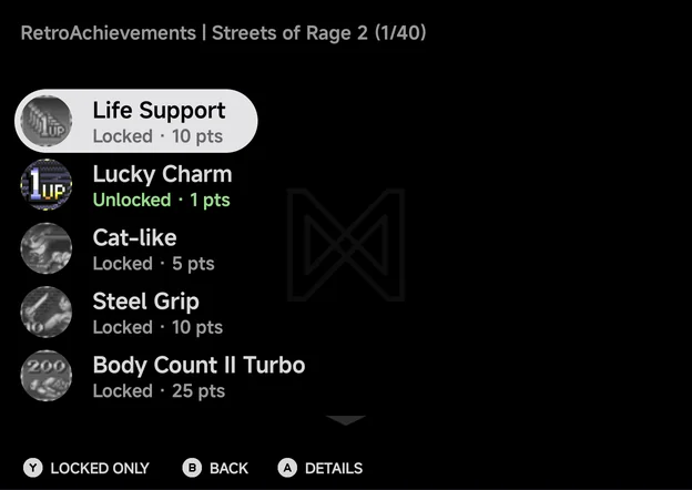 Streets of Rage 2's achievements on a phone: each with its badge, status and points