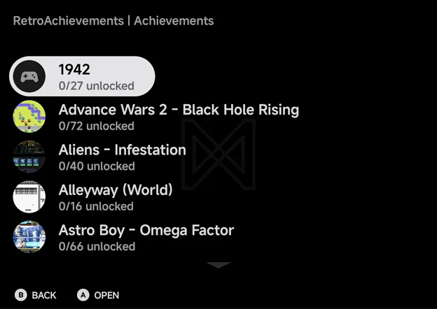 RetroAchievements → Achievements, listing cached games with their progress, shown here signed out