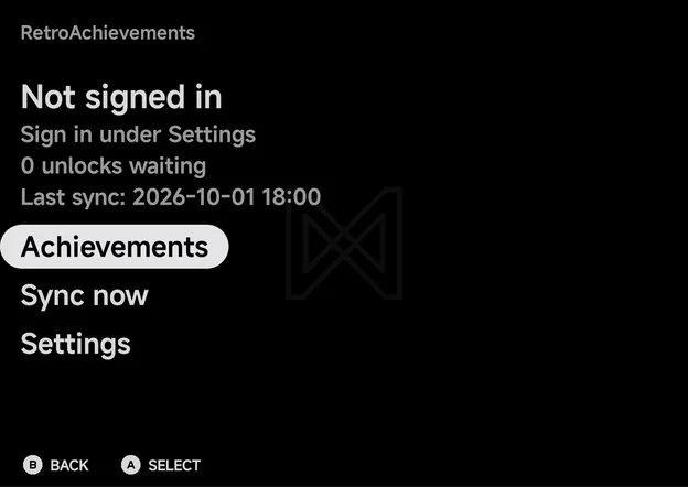 Tools → RetroAchievements, signed out: Not signed in, Sign in under Settings, then the three rows
