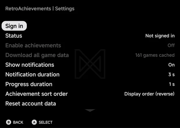 RetroAchievements → Settings, signed out: Sign in at the top, Status Not signed in, and Enable achievements and Download all game data dimmed
