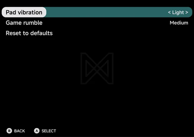 Tools → Settings → Controls: Pad vibration Light, Game rumble Medium, Reset to defaults