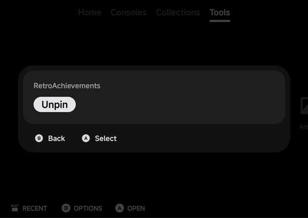 Tool menu with Unpin