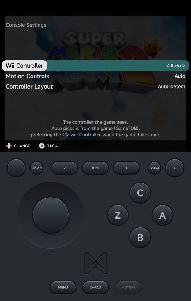 Super Mario Galaxy 2's in-game Console Settings: Wii Controller, Motion Controls and Controller Layout