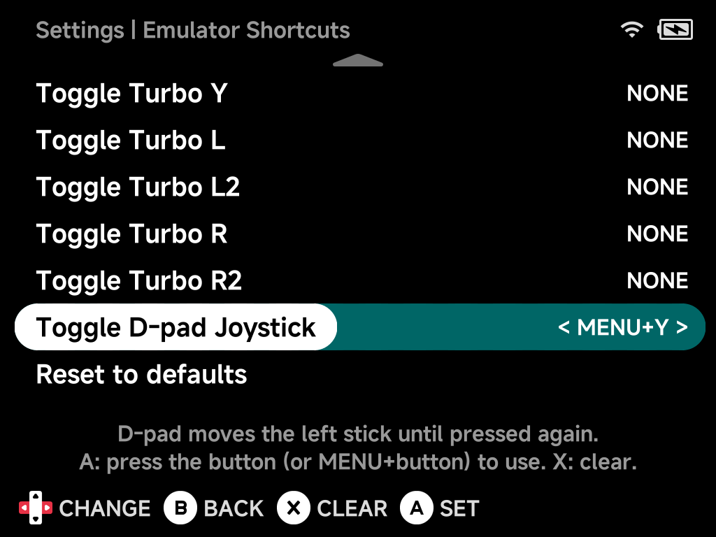 Emulator Shortcuts, Toggle D-pad Joystick and Reset to defaults